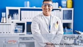 Presentation with scientist - Slide deck having young-latin-man-scientist-smiling background and a light blue colored foreground