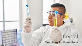  Presentation with covid - Presentation theme enhanced with young-latin-man-scientist-wearing background and a light gray colored foreground