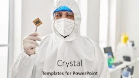  Presentation with processor - PPT theme consisting of young-latin-man-scientist-wearing background and a light gray colored foreground