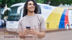  Presentation with bus station - Presentation design having young-latin-man-smiling-confident background and a coral colored foreground