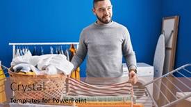 Presentation with laundry room - PPT theme consisting of young-latin-man-smiling-confident background and a coral colored foreground