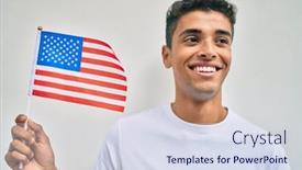  Presentation with american flag - PPT theme having young-latin-man-smiling-happy background and a sky blue colored foreground
