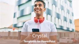  Presentation with headphones - Presentation design having young-latin-man-smiling-happy background and a coral colored foreground