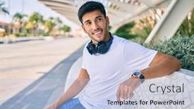  Presentation with latin music - Presentation theme enhanced with young-latin-man-smiling-happy background and a light blue colored foreground