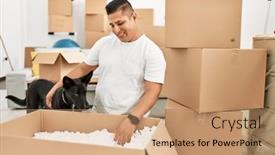  Presentation with new home - Presentation design consisting of young-latin-man-smiling-happy background and a coral colored foreground