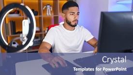  Presentation with streamer - Presentation design having young-latin-man-streamer-playing background and a ocean colored foreground