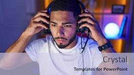  Presentation with gaming - Presentation theme with young-latin-man-streamer-sitting background and a light blue colored foreground