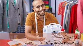  Presentation with speaking - Slide set with young-latin-man-tailor-sitting background and a coral colored foreground