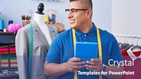  Presentation with confident - PPT layouts with young-latin-man-tailor-smiling background and a ocean colored foreground