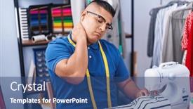  Presentation with sewing machine - Presentation design with young-latin-man-tailor-stressed background and a ocean colored foreground