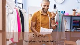  Presentation with clothing - Slide deck with young-latin-man-tailor-talking background and a coral colored foreground