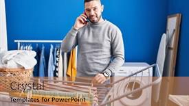  Presentation with laundry room - Slide set featuring young-latin-man-talking background and a coral colored foreground