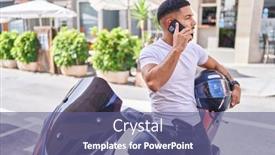  Presentation with motorbike - Slides consisting of young-latin-man-talking background and a ocean colored foreground