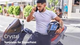  Presentation with motorbike - Slide set with young-latin-man-talking background and a ocean colored foreground