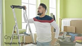  Presentation with new home sales - PPT theme having young-latin-man-tired-leaning and a mint green colored foreground