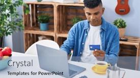  Presentation with credit card - PPT theme enhanced with young-latin-man-using-credit background and a light blue colored foreground