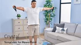  Presentation with band - Presentation theme with young-latin-man-using-elastic and a coral colored foreground