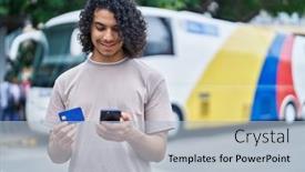  Presentation with bus station - Theme having young-latin-man-using-smartphone background and a light blue colored foreground