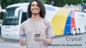  Presentation with bus station - PPT theme consisting of young-latin-man-using-smartphone background and a light blue colored foreground