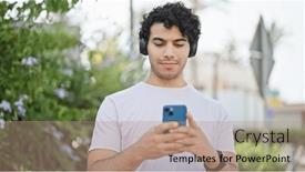  Presentation with smartphone - Slide set having young-latin-man-using-smartphone background and a coral colored foreground