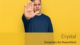  Presentation with hand palm - Presentation theme with young-latin-man-wearing-casual background and a gold colored foreground