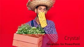  Presentation with hand holding plant - PPT theme with young-latin-man-wearing-farmer background and a red colored foreground