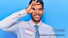  Presentation with name - Audience pleasing presentation design consisting of young-latin-man-wearing-sticker backdrop and a light blue colored foreground