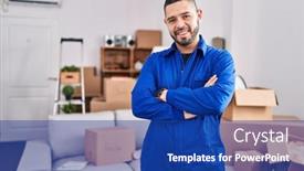  Presentation with new home - PPT theme enhanced with young-latin-man-worker-smiling background and a ocean colored foreground