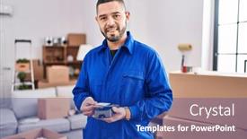  Presentation with credit card - Slide deck with young-latin-man-worker-smiling background and a ocean colored foreground