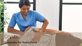  Presentation with rehab clinic - Slide deck featuring young-latin-physioterapist-woman-make background and a  colored foreground