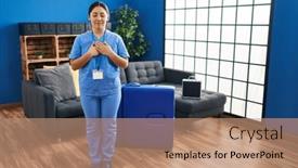  Presentation with physiotherapy - Presentation theme with young-latin-physiotherapy-woman-working background and a coral colored foreground