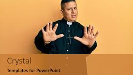  Presentation with panic - Slide set enhanced with young-latin-priest-man-standing background and a gold colored foreground