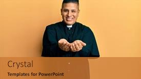  Presentation with giving - Cool new PPT layouts with young-latin-priest-man-standing backdrop and a gold colored foreground