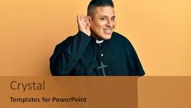  Presentation with hearing - Cool new PPT theme with young-latin-priest-man-standing backdrop and a red colored foreground