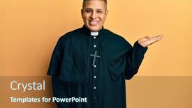  Presentation with hand palm - Presentation design with young-latin-priest-man-standing background and a navy blue colored foreground