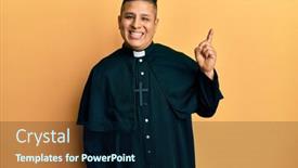  Presentation with finger - Amazing presentation theme having young-latin-priest-man-standing backdrop and a navy blue colored foreground