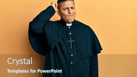  Presentation with question - PPT layouts enhanced with young-latin-priest-man-standing background and a navy blue colored foreground