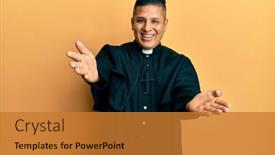  Presentation with acceptance - Slide deck with young-latin-priest-man-standing background and a gold colored foreground
