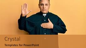  Presentation with hand palm - Beautiful presentation theme featuring young-latin-priest-man-standing backdrop and a gold colored foreground