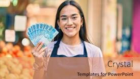  Presentation with brazil - PPT theme with young-latin-shopkeeper-girl-smiling background and a coral colored foreground