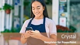  Presentation with smartphone - Beautiful slide deck featuring young-latin-shopkeeper-girl-smiling backdrop and a coral colored foreground