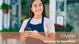  Presentation with smartphone - Amazing presentation theme having young-latin-shopkeeper-girl-smiling backdrop and a coral colored foreground