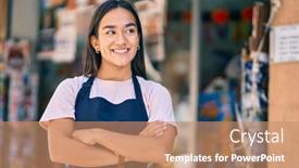  Presentation with press - Presentation featuring young-latin-shopkeeper-girl background and a coral colored foreground