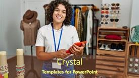  Presentation with young man and a woman - Presentation theme enhanced with young-latin-shopkeeper-woman-using background and a tawny brown colored foreground