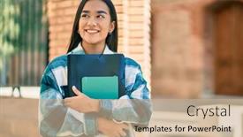 Presentation with happy young student girl holding - Theme having young-latin-student-girl-smiling background and a coral colored foreground