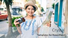  Presentation with map vintage - Presentation theme with young-latin-tourist-girl background and a light blue colored foreground