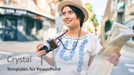  Presentation with map vintage - Presentation design featuring young-latin-tourist-girl background and a light blue colored foreground