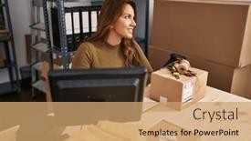  Presentation with business book - PPT theme featuring young-latin-woman-business-worker background and a coral colored foreground