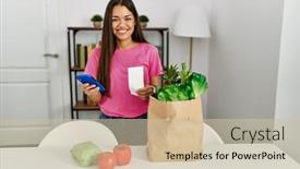  Presentation with prize - Presentation consisting of young-latin-woman-calcultating-prize background and a soft green colored foreground