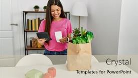  Presentation with prize - PPT theme having young-latin-woman-calcultating-prize background and a soft green colored foreground